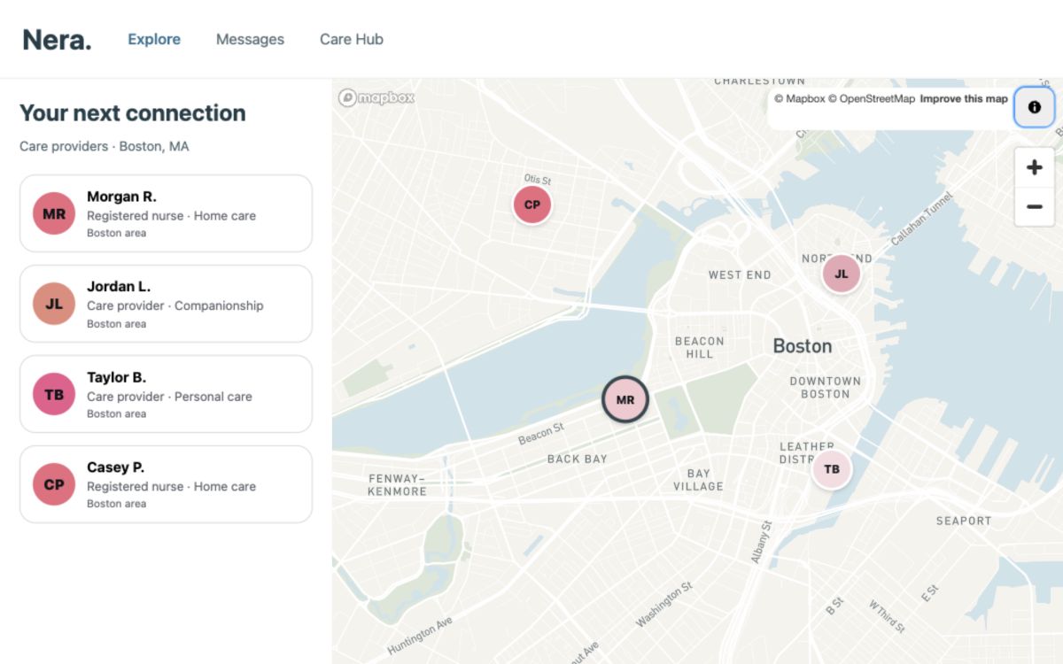 Nera’s Explore tab: sample care providers listed beside a map of Boston.